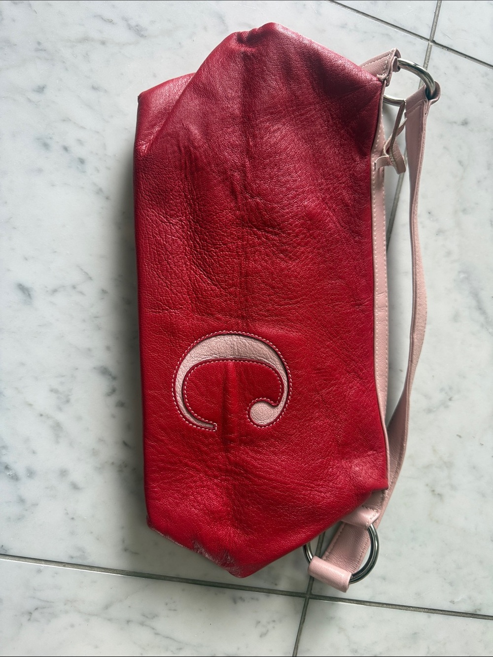 Red Leather Shoulder Bag with Pale Pink Trim and Strap